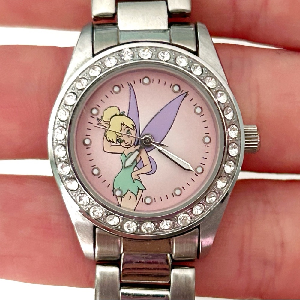 Disney Time Works Tinker Bell Rhinestone Watch Peter Pan Fairy Silver Tone Pink
